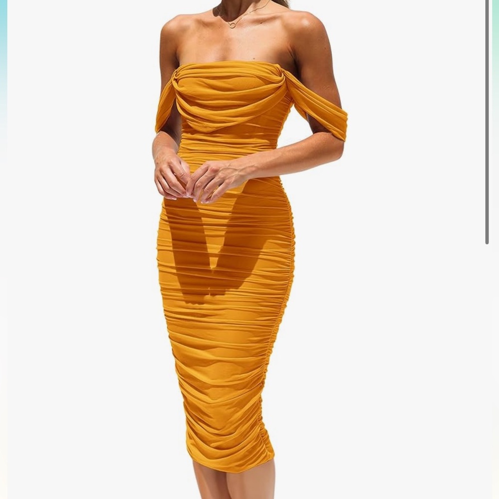 pretty garden  Off-Shoulder Mustard rouched Dress